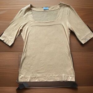 AKRIS Punto Blouse Womens X-Small Yellow Gold Square Neck Mid Sleeve Knit Top